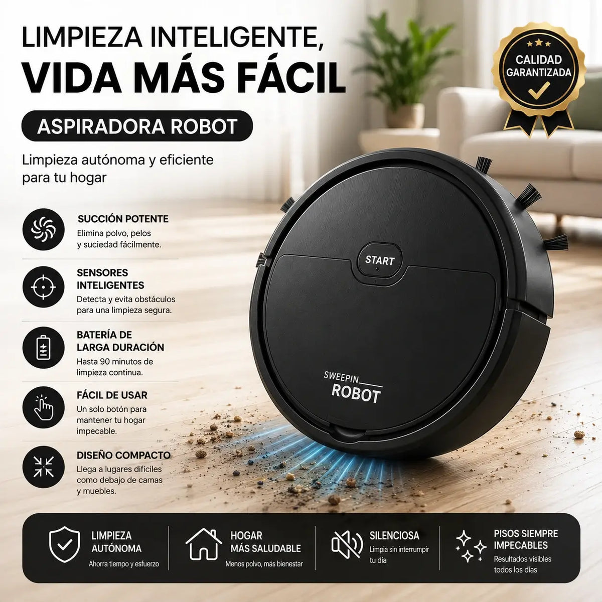 Aspiradora Robot De Limpieza Aspira, Barre y Trapea - Clean Bot Pro
