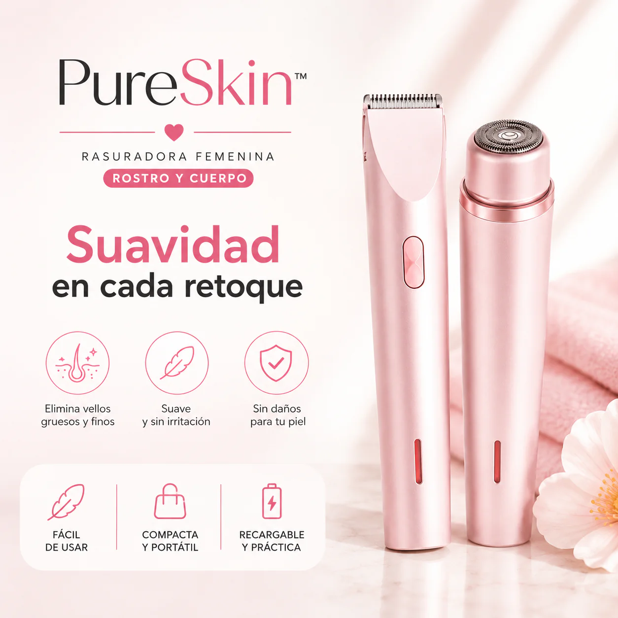 PureSkin™ | Rasuradora Femenina 2 en 1 para Rostro y Cuerpo
