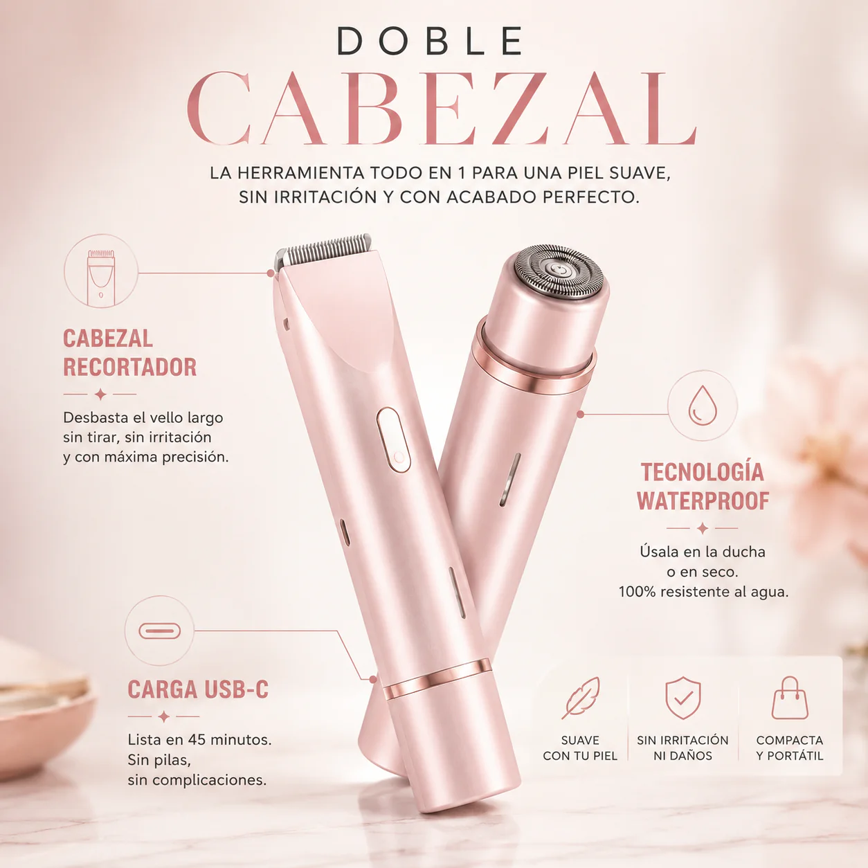 PureSkin™ | Rasuradora Femenina 2 en 1 para Rostro y Cuerpo