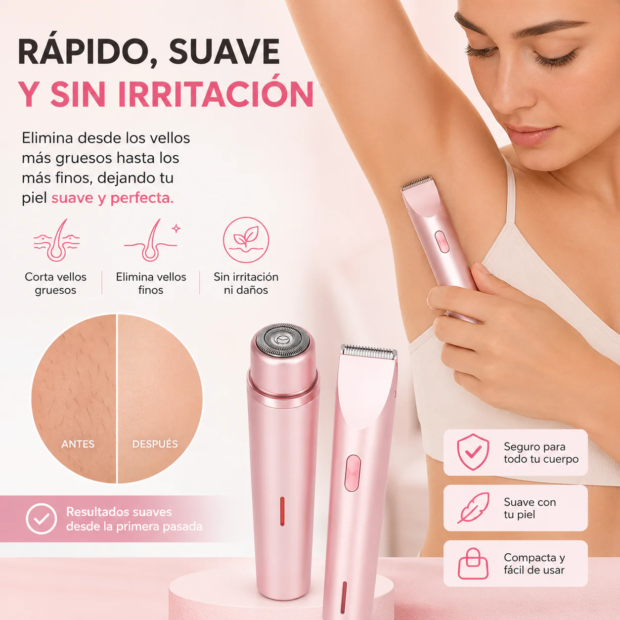PureSkin™ | Rasuradora Femenina 2 en 1 para Rostro y Cuerpo